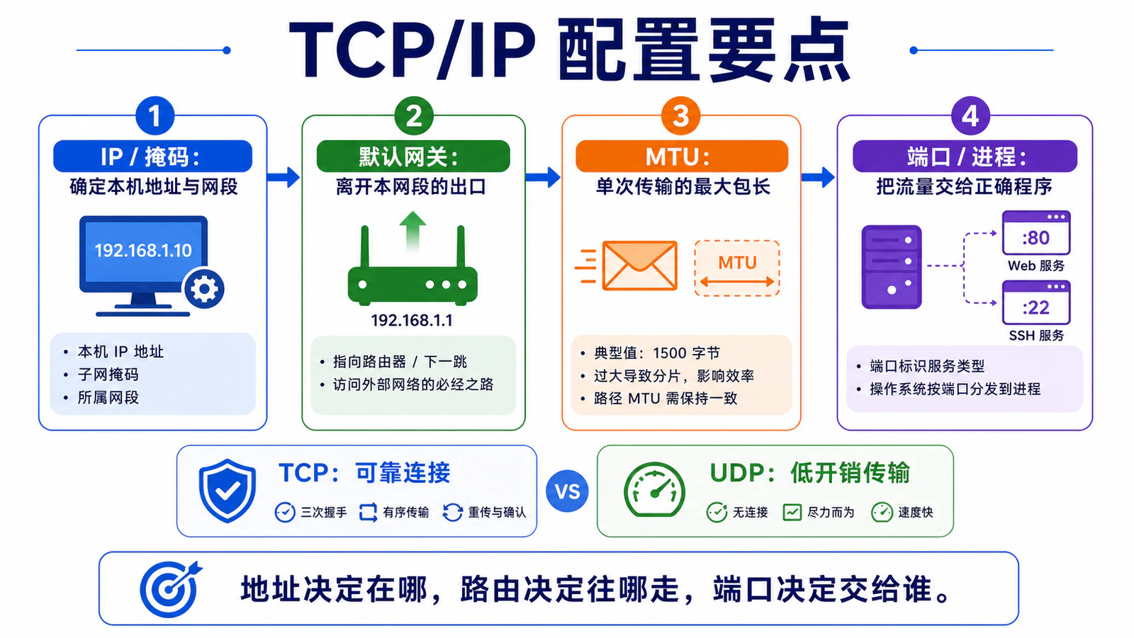TCP/IP 配置要点：地址、路由、MTU 与端口