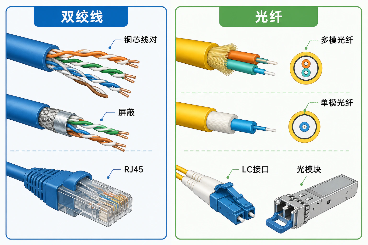 双绞线与光纤结构对比